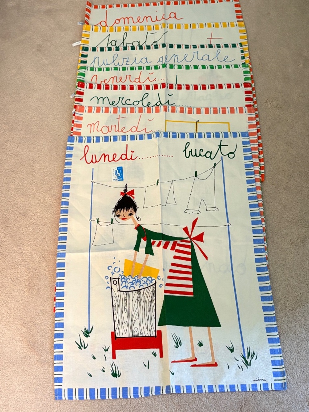 Rare set NWOT Vintage Milvia Days of the Week Linen Towels by Zucchi Milano